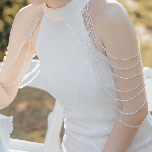 [SOLD] White Beaded Formal Dress Sequin Mermaid Cocktail Dress - Picture 8 of 11